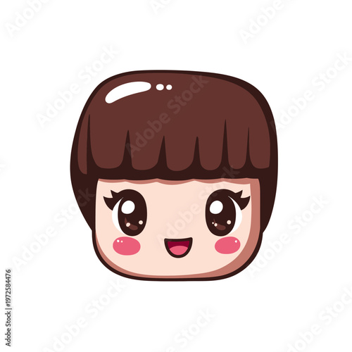 A cute, anime-style head featuring brown hair, large eyes, rosy cheeks, and an open mouth