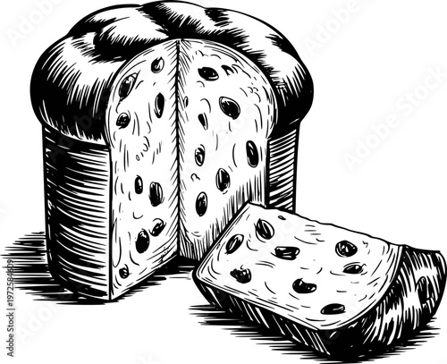 Black and white of a whole panettone cake with a slice cut out showing raisins bread