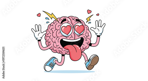 Energetic cartoon brain character with heart eyes and tongue out runs excitedly with lightning bolts above its head on a white background.