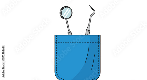 A stainless steel dental mirror and a sharp explorer probe are placed inside a vibrant blue fabric pocket featuring dark blue stitching and soft shadows.
