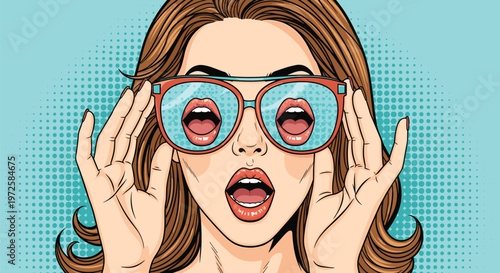 Surprised woman with brown hair looks through sunglasses that reflect open mouths with red lips on a vibrant blue halftone background.