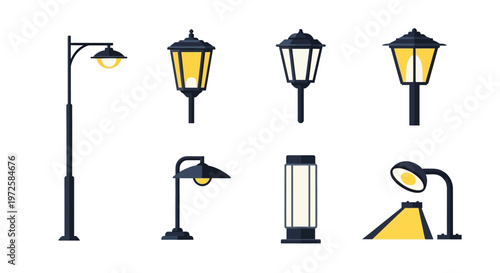 Collection of street lamps and lights.