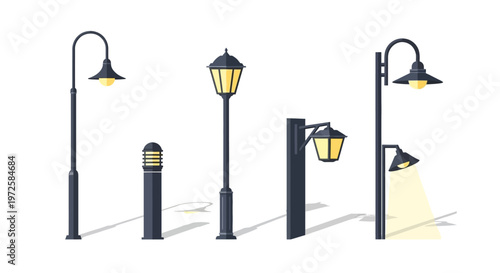 Collection of street lamps and posts.
