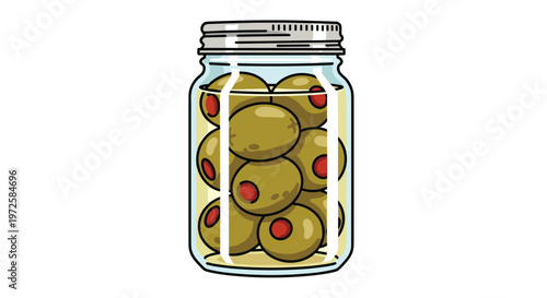 A clear glass jar filled with large green olives stuffed with red pimentos and preserved in brine sits against a clean and bright white background.