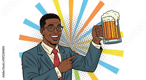 Enthusiastic man in a suit and glasses points excitedly to a large mug of frothy beer against a colorful radial halftone background.