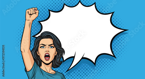 Determined woman raises her fist in a gesture of strength and protest with a large blank speech bubble for custom text on a blue background.