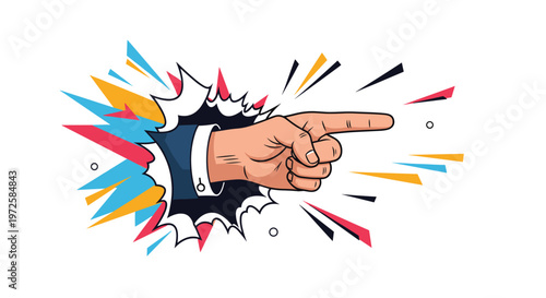 Man's hand in a formal suit sleeve bursts through a colorful paper hole and points with a finger to a specific direction or item.