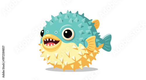 A vibrant and cheerful cartoon pufferfish with sharp turquoise spikes and a bright yellow belly swims happily against a clean and solid white background.