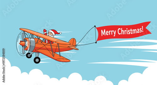 Santa Claus waves happily while flying a vintage orange biplane with a red Merry Christmas banner through a clear blue sky with clouds.