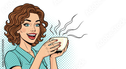 Smiling young woman with curly hair holds a steaming cup of coffee or tea with a look of pure joy on a light blue halftone background.