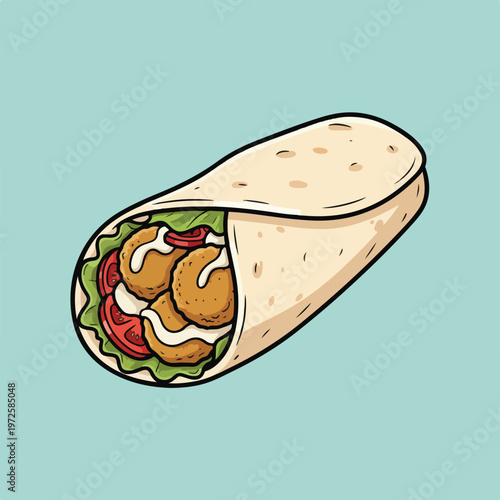 A vibrant vector illustration of a delicious falafel wrap filled with crispy chickpea balls, fresh lettuce, tomatoes, and creamy white sauce.