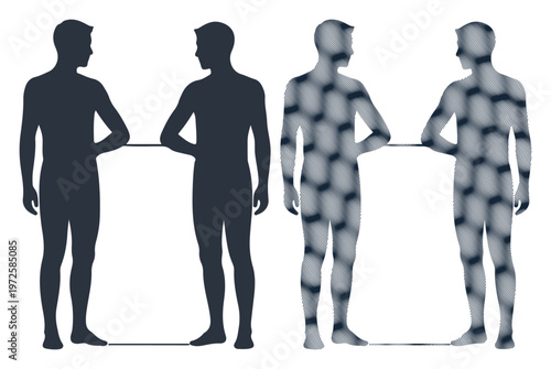 Two silhouetted figures interact across a conceptual divide, one solid, the other patterned.