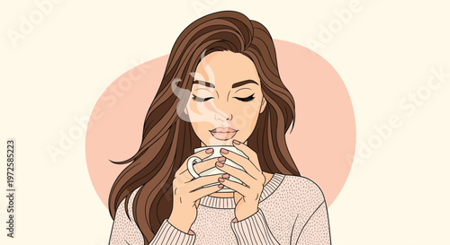 Portrait of a beautiful young woman with long brown hair closing her eyes and enjoying a hot cup of coffee against a pink background.