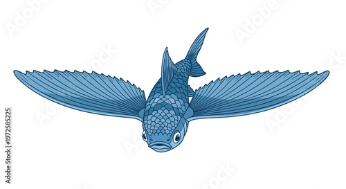 A majestic blue flying fish with expansive wing-like pectoral fins glides gracefully through the air above a clean and minimalist white studio background.