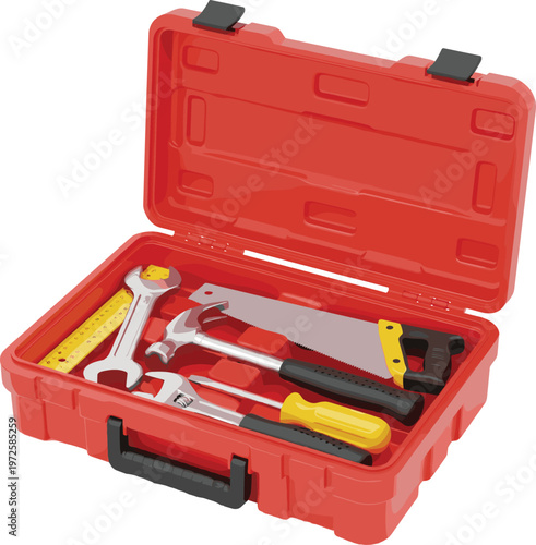 Open Red Plastic Toolbox Vector Illustration Set Containing a Hammer Hand Saw Wrench and Screwdriver for Home Repair and Construction Projects