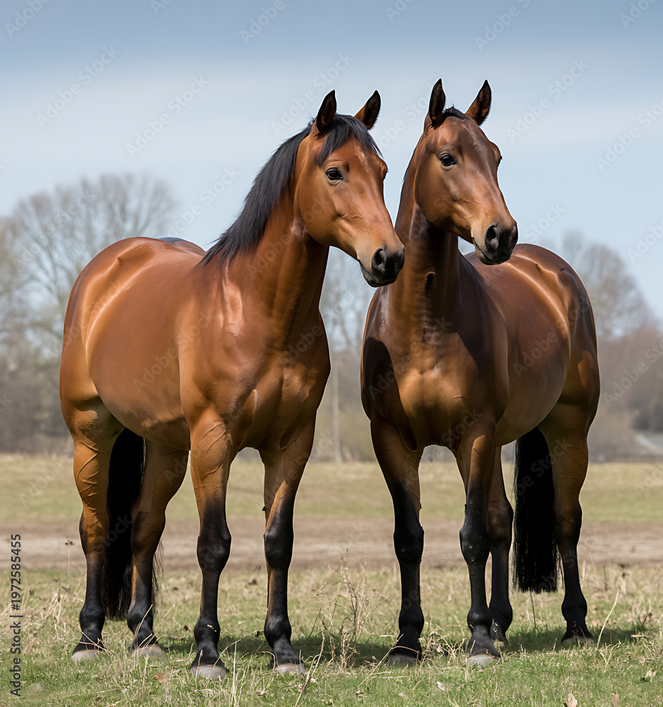 Obraz premium two brown horses standing in field