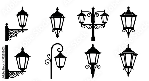Black street lamp silhouettes in various designs.