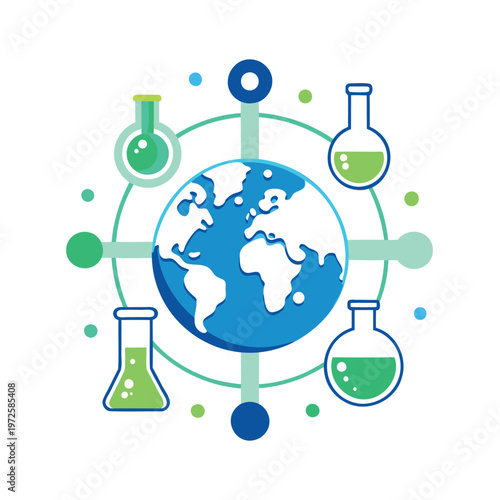 Global science and chemistry illustration with laboratory equipment surrounding the earth