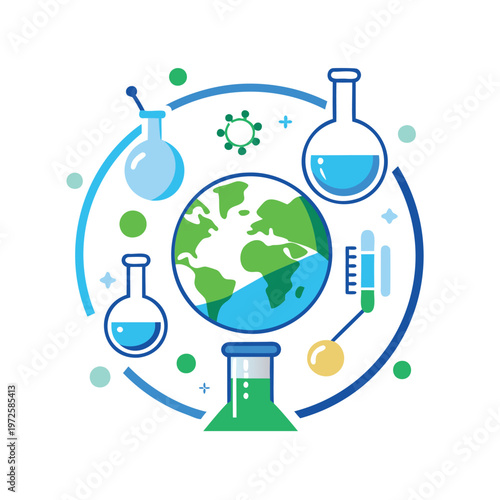 Global science and health innovation with laboratory equipment and virus illustration