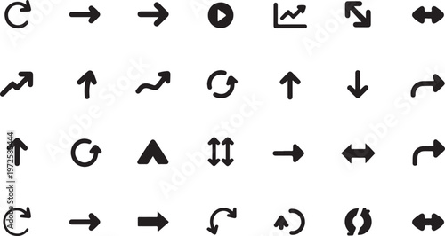 Collection of various black arrow icons on white background