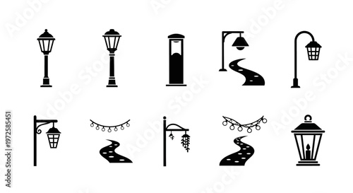 Black street lamp silhouettes on white.