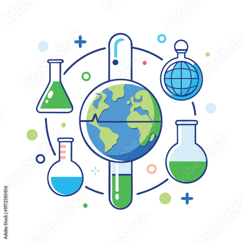 Science and sustainability merging with the globe and laboratory equipment
