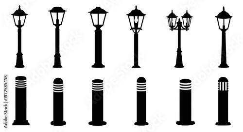 Black street lamps and bollards icons.