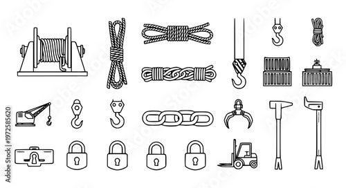 Port Equipment Vector Icons with Rope Chain and Container Tools
