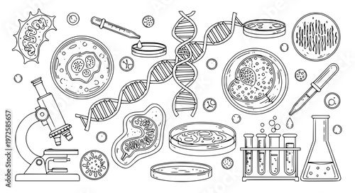 Biotech Research Vector Icons with DNA Cell and Petri Dish