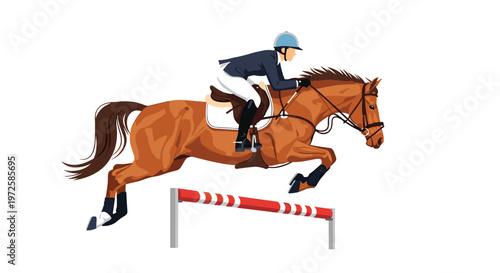 A powerful brown horse and its skilled rider wearing a blue helmet perform a graceful jump over a single red and white striped hurdle during competition.