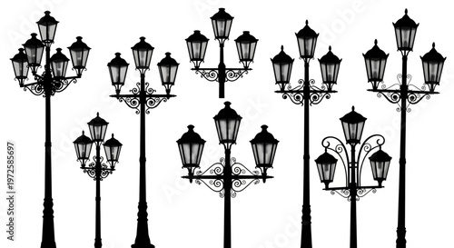 Black street lamps in a row.