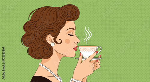 Retro pop art profile of an elegant woman with a vintage hairstyle drinking from a delicate porcelain cup against a green background.