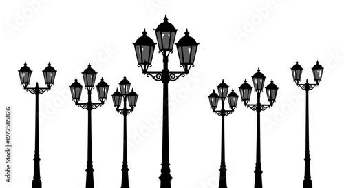 Black street lamps in a row.