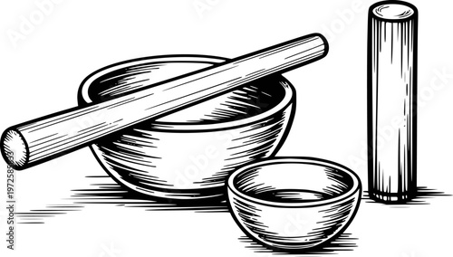 Vintage Mortar Pestle And Small Bowl With Hatching Detail White Background kitchen