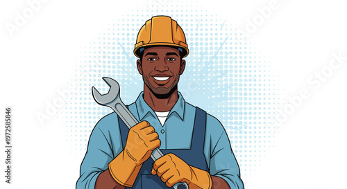 Smiling African American mechanic or repairman wearing a yellow hard hat and work gloves, holding a large silver wrench in a pop art style.