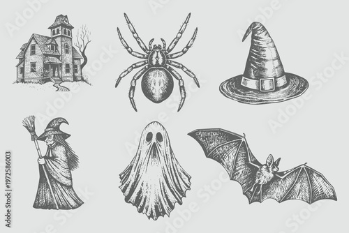 Vintage sketch engraving style Halloween element set collection. grunge dotted texture Witch, bat, ghost, haunted house, witch hat, spider. Grunge Retro vector illustration