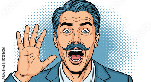 Close up portrait of a shocked man with blue hair and a mustache raising his hand in surprise, featured in a vibrant comic book art style.