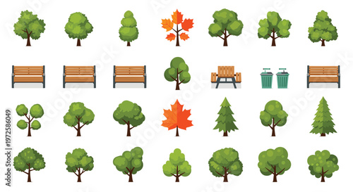 A comprehensive collection of flat vector park elements includes various deciduous trees and wooden benches arranged neatly on a clean white background.