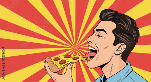 Profile view of a man enthusiastically eating a large slice of pepperoni pizza against a yellow and red sunburst pop art background.