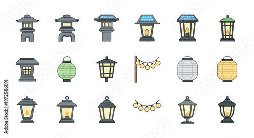 Collection of Asian style lanterns icons.