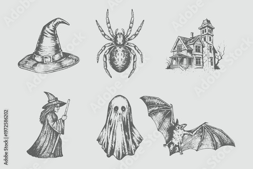 Vintage sketch engraving style Halloween element set collection. grunge dotted texture Witch, bat, ghost, haunted house, witch hat, spider. Grunge Retro vector illustration