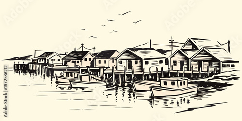 A quaint seaside village with sketched houses and boats on calm water