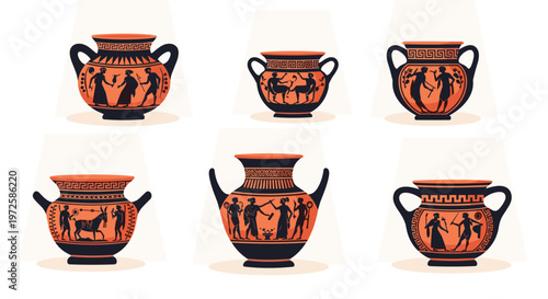Six ornate Greek amphorae featuring blackfigure mythological illustrations and geometric borders are presented under spotlights against a neutral backdrop.