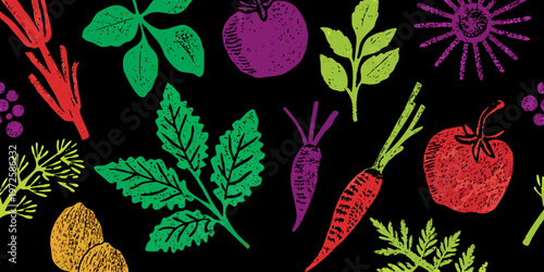 Vibrant botanical illustration featuring colorful fruits vegetables and foliage