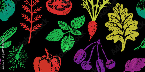 Vibrant botanical illustration featuring colorful fruits vegetables and leafy greens