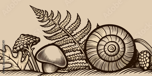 Vintage botanical illustration featuring ferns mushrooms and a nautilus shell