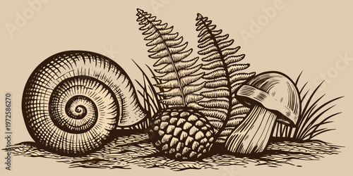 Vintage botanical illustration featuring a snail fern mushroom and pinecone
