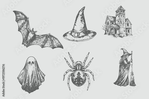 Halloween collage elements with vintage stippling photocopy effect sketch engraving style. Witch, bat, ghost, haunted house, witch hat, spider set vector illustration. 