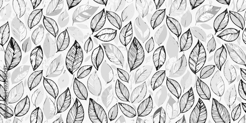 Fotografija Seamless pattern of sketched leaves and lips in grayscale