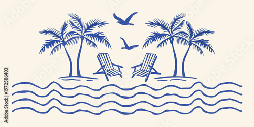 Relaxing beach scene with palm trees lounge chairs and soaring birds